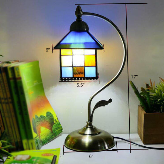 Tiffany Gooseneck Table Lamp - Metal Nightstand Light With Hand-Cut Glass Shade Blue-Yellow