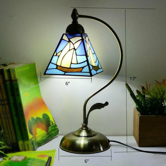 Tiffany Gooseneck Table Lamp - Metal Nightstand Light With Hand-Cut Glass Shade Peacock Blue