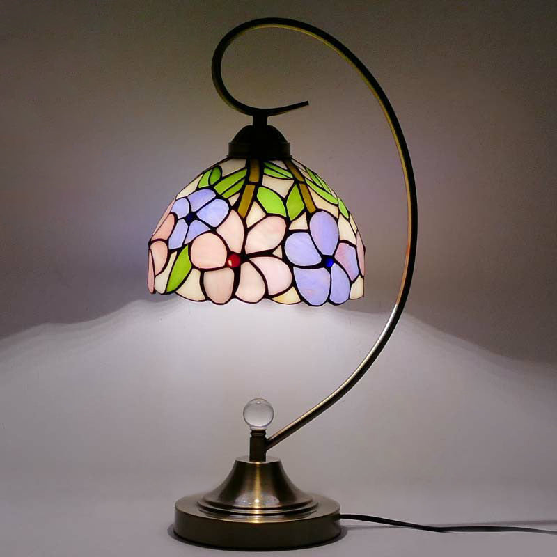 Tiffany Gooseneck Table Lamp - Metal Nightstand Light With Hand-Cut Glass Shade Purple-Pink