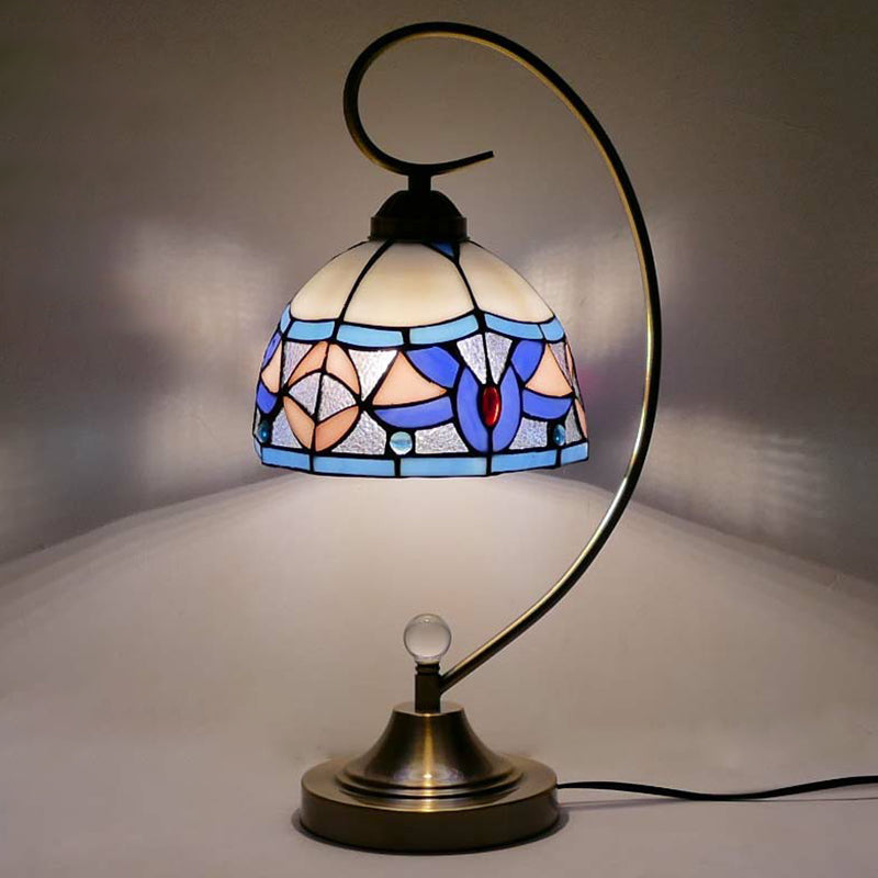 Tiffany Gooseneck Table Lamp - Metal Nightstand Light With Hand-Cut Glass Shade Blue-Pink