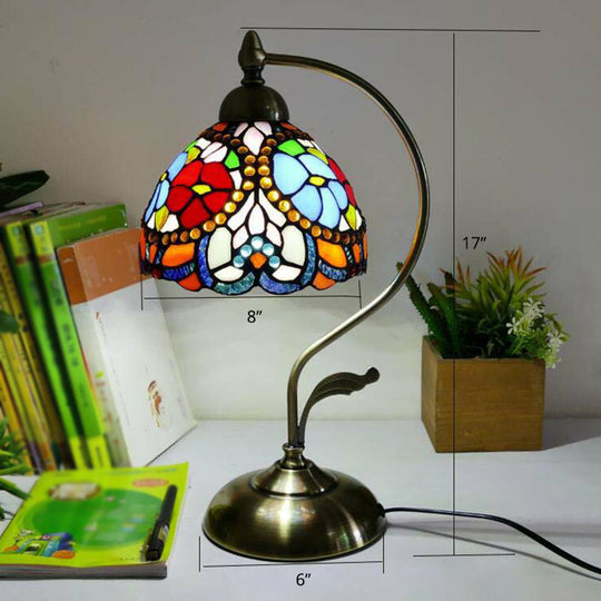 Tiffany Gooseneck Table Lamp - Metal Nightstand Light With Hand-Cut Glass Shade Rose Red