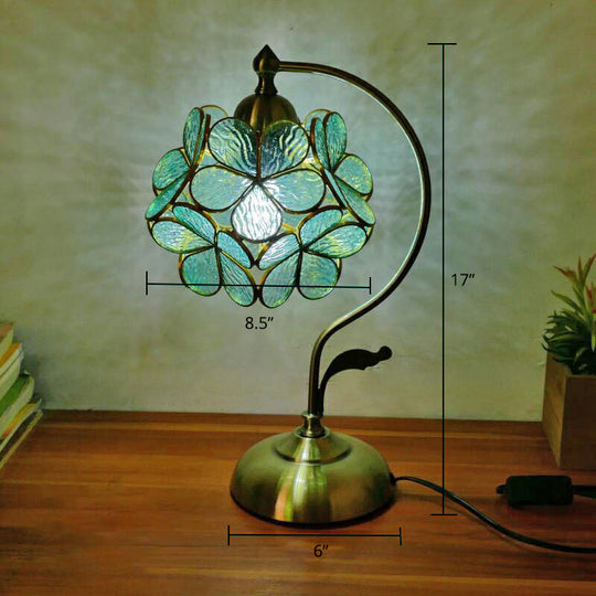 Tiffany Gooseneck Table Lamp - Metal Nightstand Light With Hand-Cut Glass Shade Blue