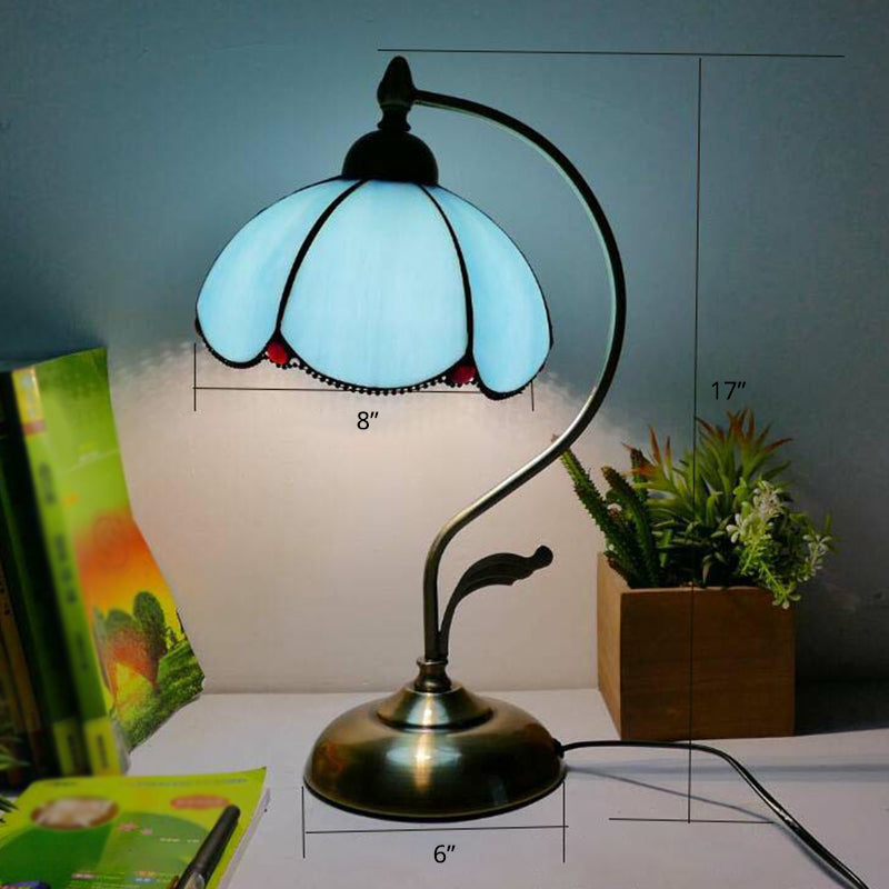 Tiffany Gooseneck Table Lamp - Metal Nightstand Light With Hand-Cut Glass Shade Sky Blue