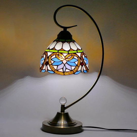 Tiffany Gooseneck Table Lamp - Metal Nightstand Light With Hand-Cut Glass Shade Purplish Blue