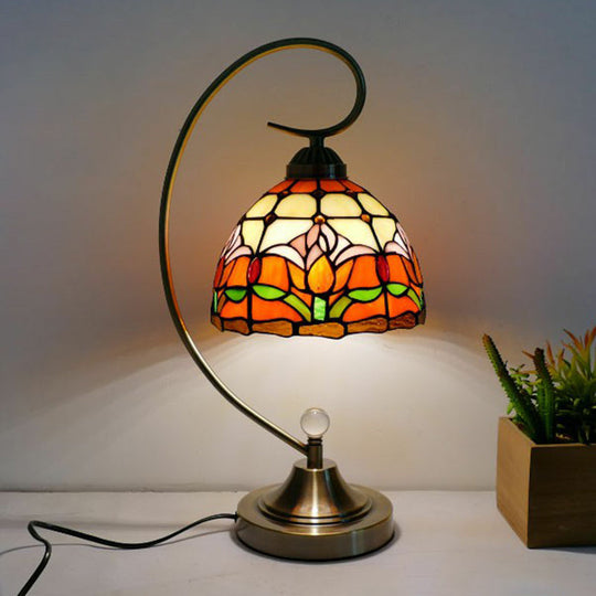 Tiffany Gooseneck Table Lamp - Metal Nightstand Light With Hand-Cut Glass Shade Orange Pink