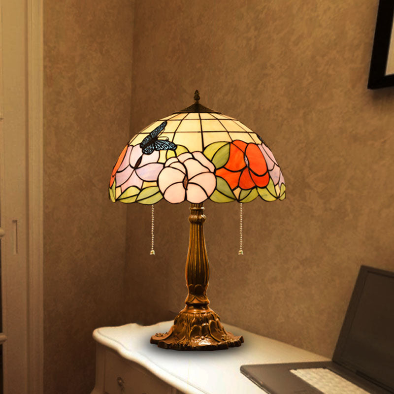 Bronze Stained Glass Tiffany Table Lamp With Pull Chain - Hemispherical Design / Flower