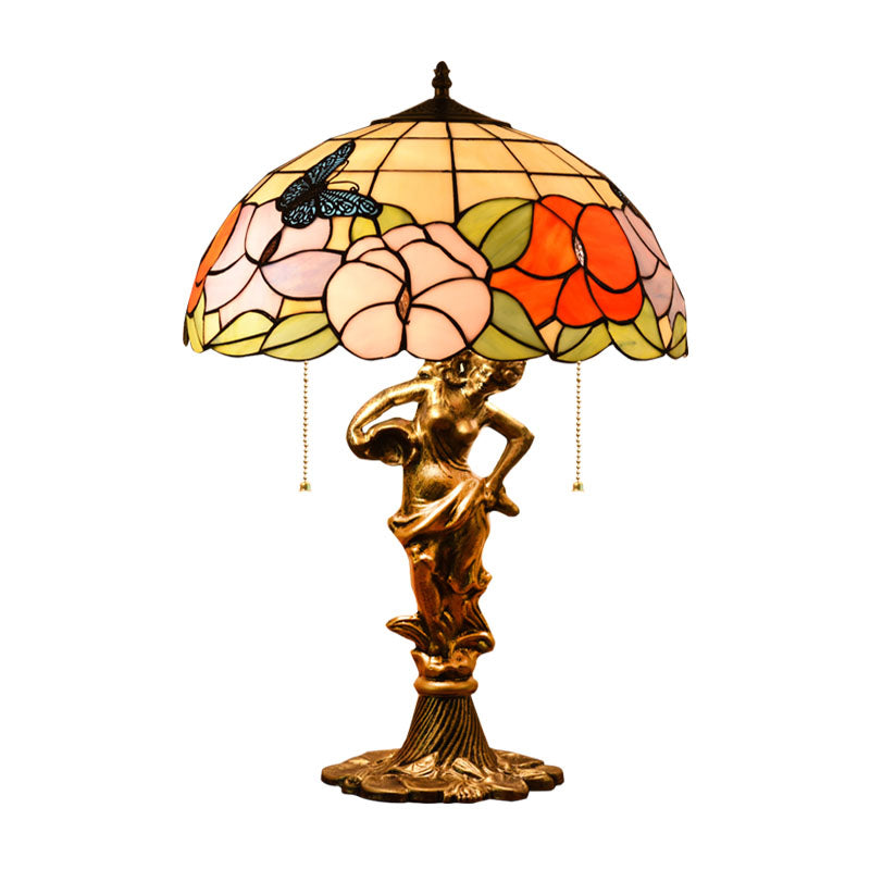 Bronze Stained Glass Tiffany Table Lamp With Pull Chain - Hemispherical Design