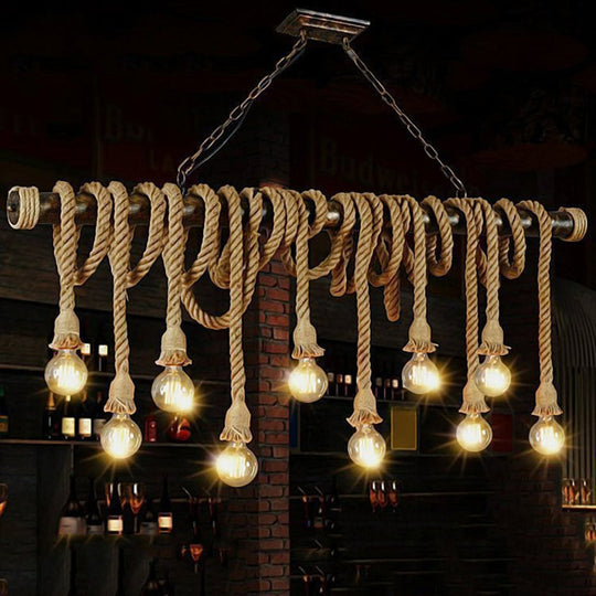 Rustic Natural Rope Island Light With Industrial Bare-Bulb Suspension Design