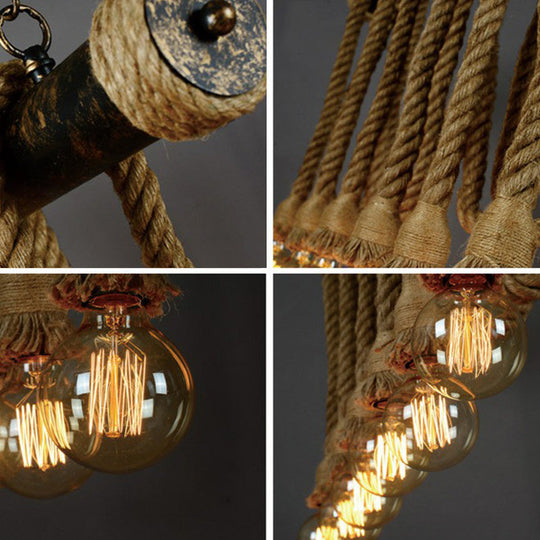 Rustic Natural Rope Island Light With Industrial Bare-Bulb Suspension Design