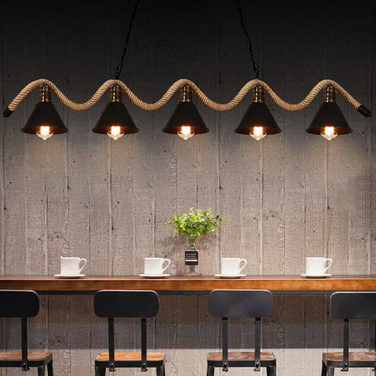 Industrial Metal Cone Island Pendant Light - Matte Black Finish With Twisted Rope Detailing