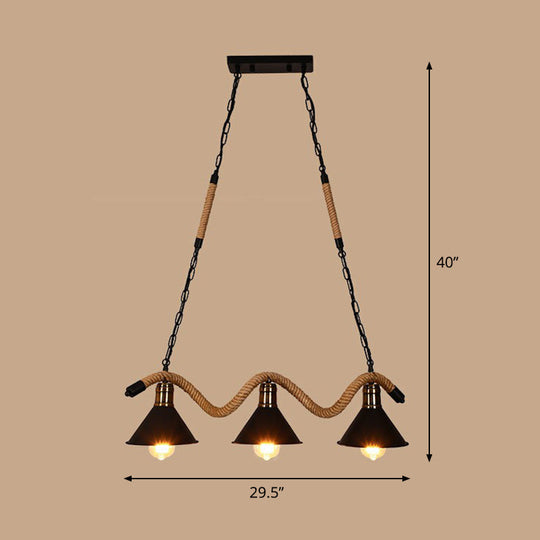 Industrial Metal Cone Island Pendant Light - Matte Black Finish With Twisted Rope Detailing 3 /