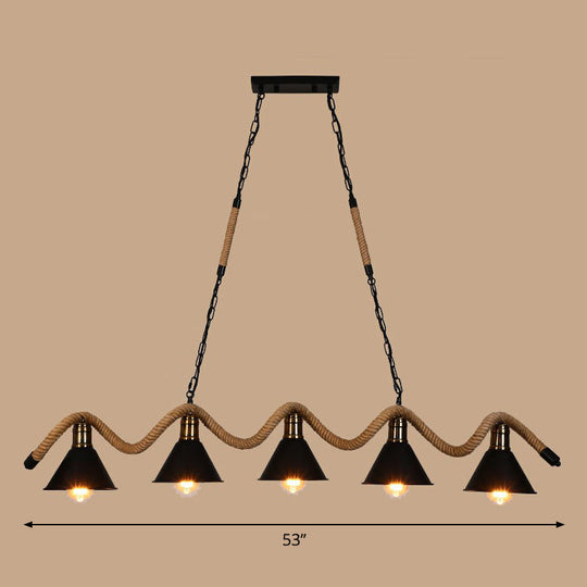 Industrial Metal Cone Island Pendant Light - Matte Black Finish With Twisted Rope Detailing 5 /