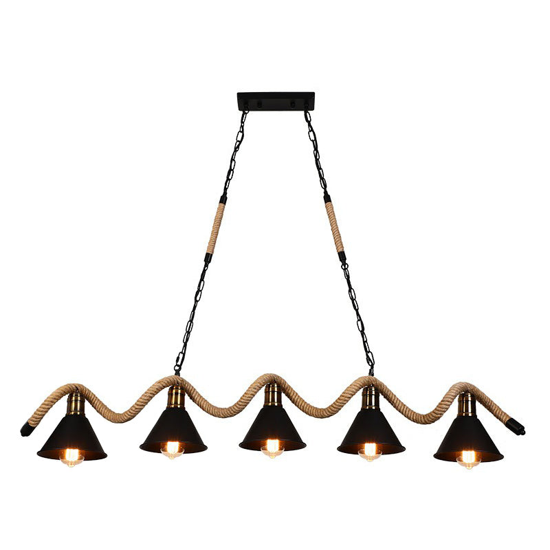 Industrial Metal Cone Island Pendant Light - Matte Black Finish With Twisted Rope Detailing