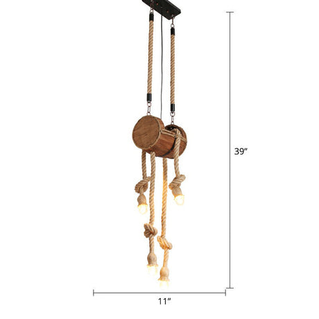 Rustic Restaurant Pendant Light Fixture - Naked Bulb Roped Suspension Lamp In Brown / Cylinder