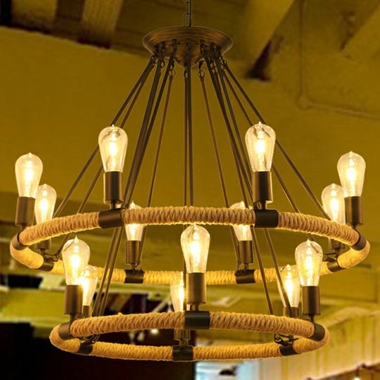 Farmhouse Black Circular Manila Rope Chandelier Pendant Light For Restaurant Ceiling