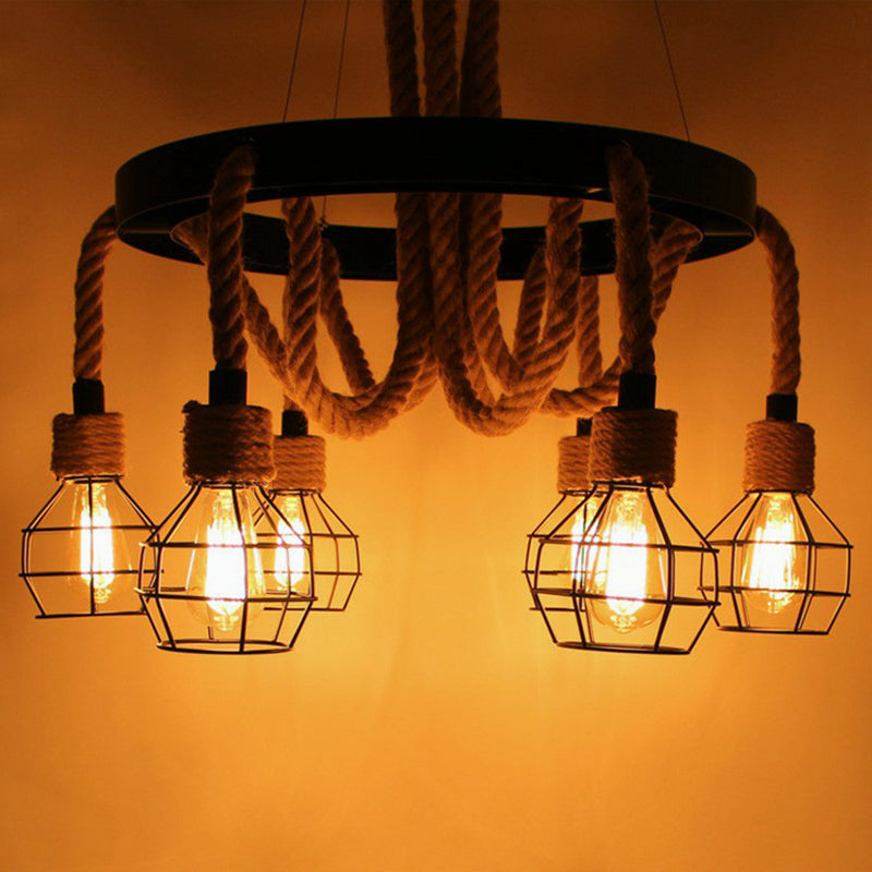 Industrial Iron Cage Pendant Light With Hemp Rope: Black 6-Light Chandelier For Dining Room