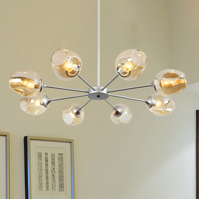 Modernist Hanging Chandelier - Black/Chrome Sputnik Suspension Pendant With Blue/Amber Glass Shade