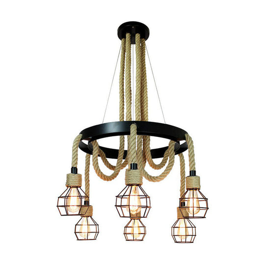 Industrial Iron Cage Pendant Light With Hemp Rope: Black 6-Light Chandelier For Dining Room