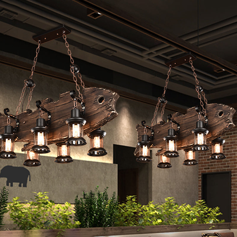 Rustic Fish Shaped Wood Hanging Lamp - 6 Heads Island Lighting With Lantern Shade In Brown