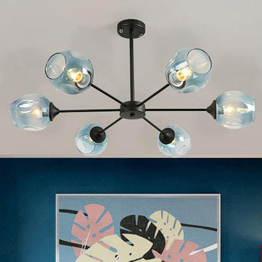Modernist Hanging Chandelier - Black/Chrome Sputnik Suspension Pendant With Blue/Amber Glass Shade