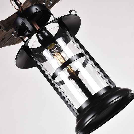 Farm Style Clear Glass Chandelier - Brown Lantern Pendant Light