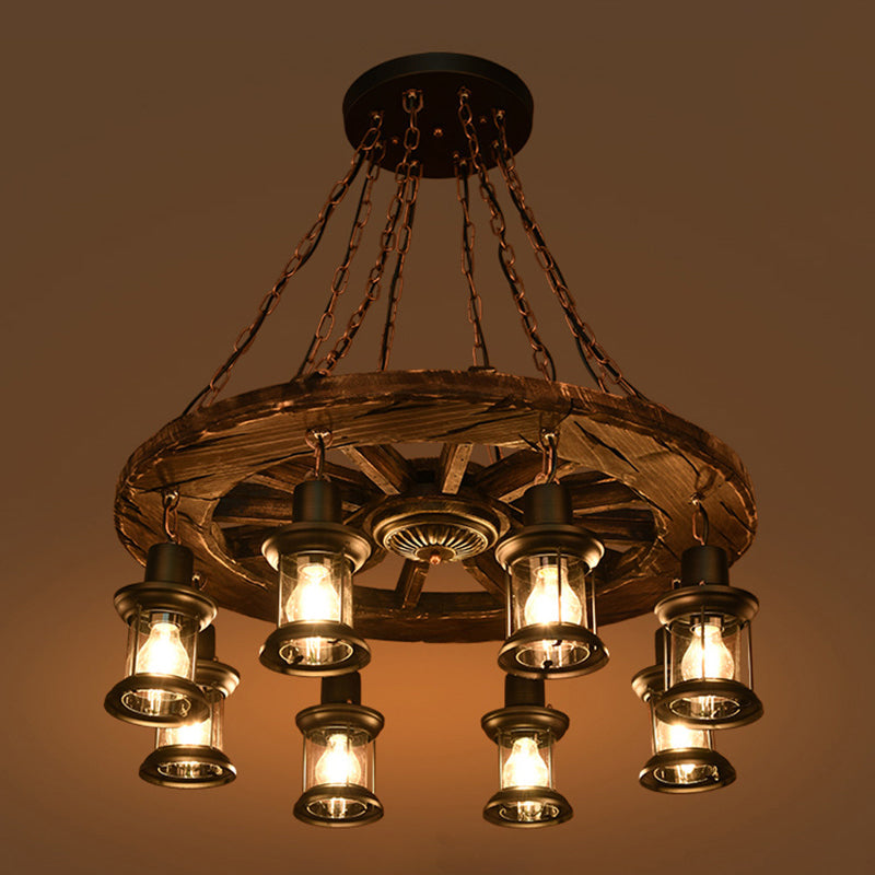 Nautical 8-Bulb Wooden Wagon Wheel Chandelier with Lantern: Dining Room Pendant Light in Brown