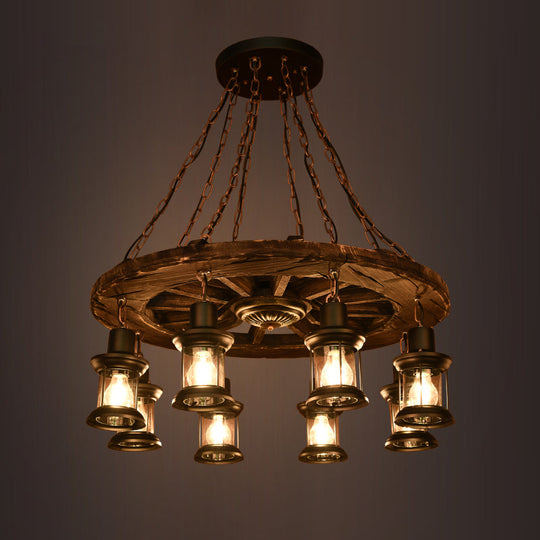 Nautical 8-Bulb Wooden Wagon Wheel Chandelier with Lantern: Dining Room Pendant Light in Brown