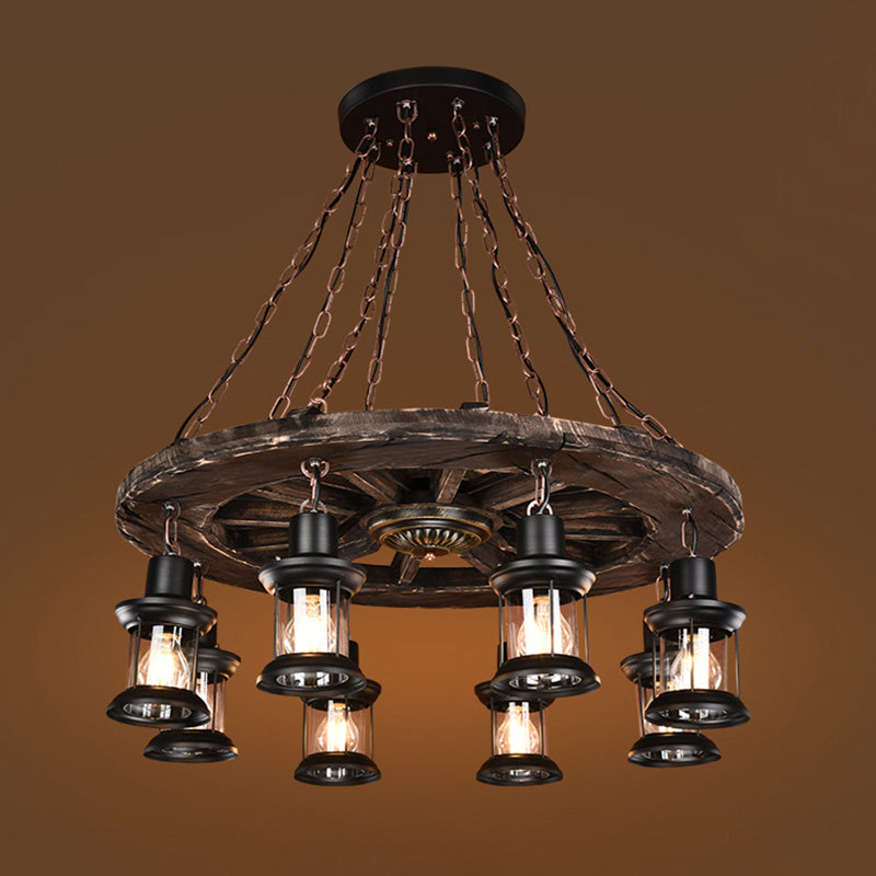 Nautical Wooden Wagon Wheel Chandelier: 8-Bulb Pendant Light Fixture With Lantern In Brown