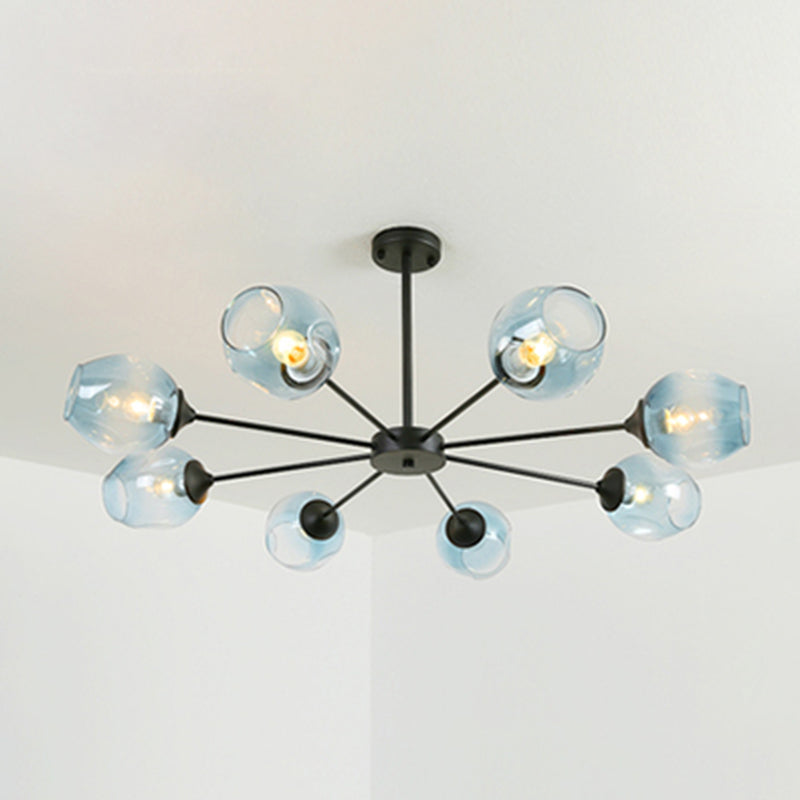 Modernist Hanging Chandelier - Black/Chrome Sputnik Suspension Pendant With Blue/Amber Glass Shade