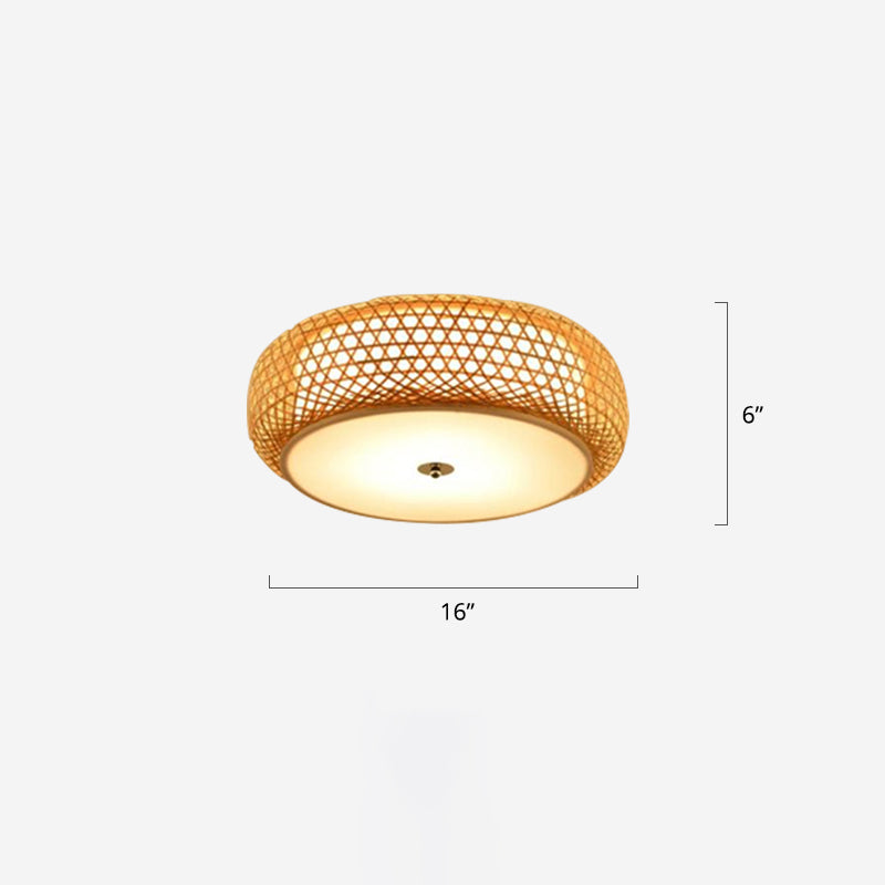 Round Bamboo Flush Mount Ceiling Lamp With Asian Design - Beige / 16