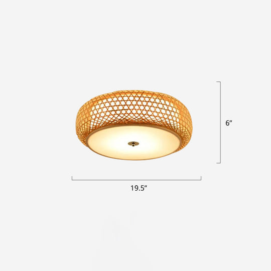 Round Bamboo Flush Mount Ceiling Lamp With Asian Design - Beige / 19.5