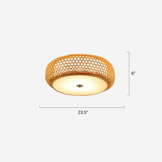 Round Bamboo Flush Mount Ceiling Lamp With Asian Design - Beige / 23.5
