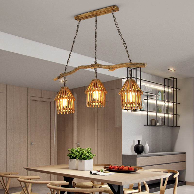 Nordic Style Wooden House Pendant Light With 3 Heads - Ideal For Dining Room