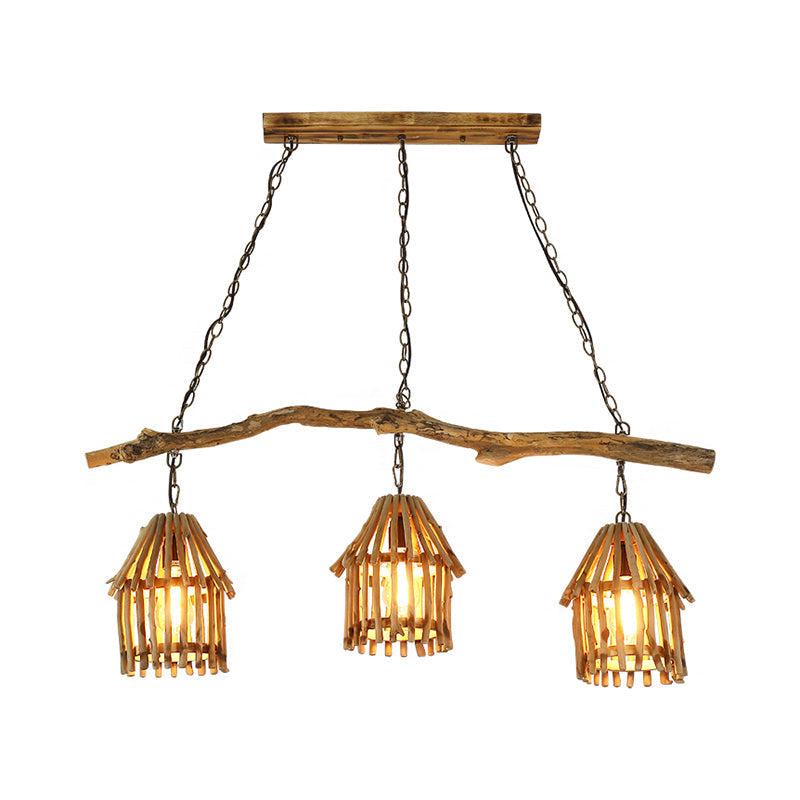 Nordic Style Wooden House Pendant Light With 3 Heads - Ideal For Dining Room