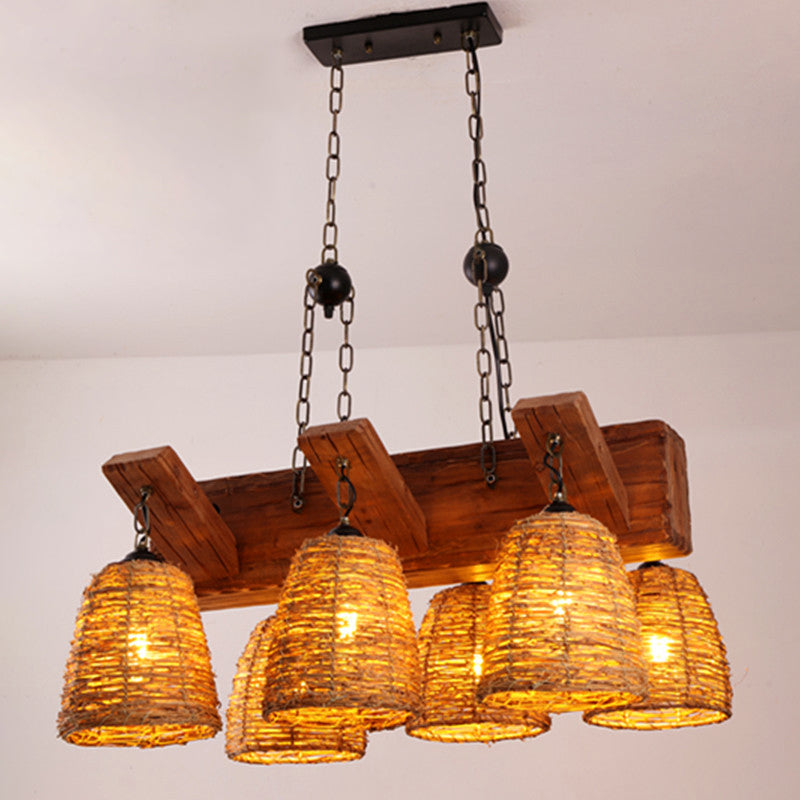 Asia Rattan Island Dining Room Light Fixture Brown Tapered Suspension 6 /