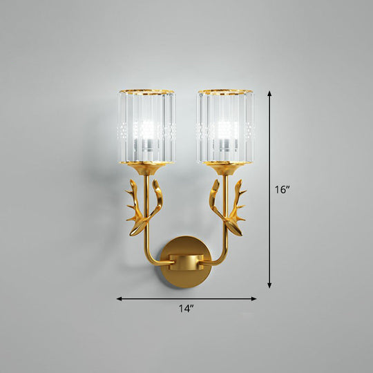 Nordic Crystal Prism Wall Sconce With Antler Design - Cylinder Mount Light 2 / Gold
