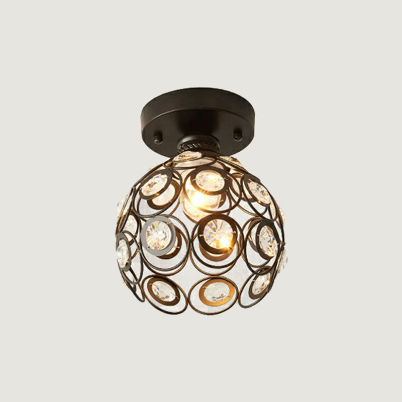 Retro Crystal Ceiling Light: Black Semi Flush Single-Bulb Design For Corridor