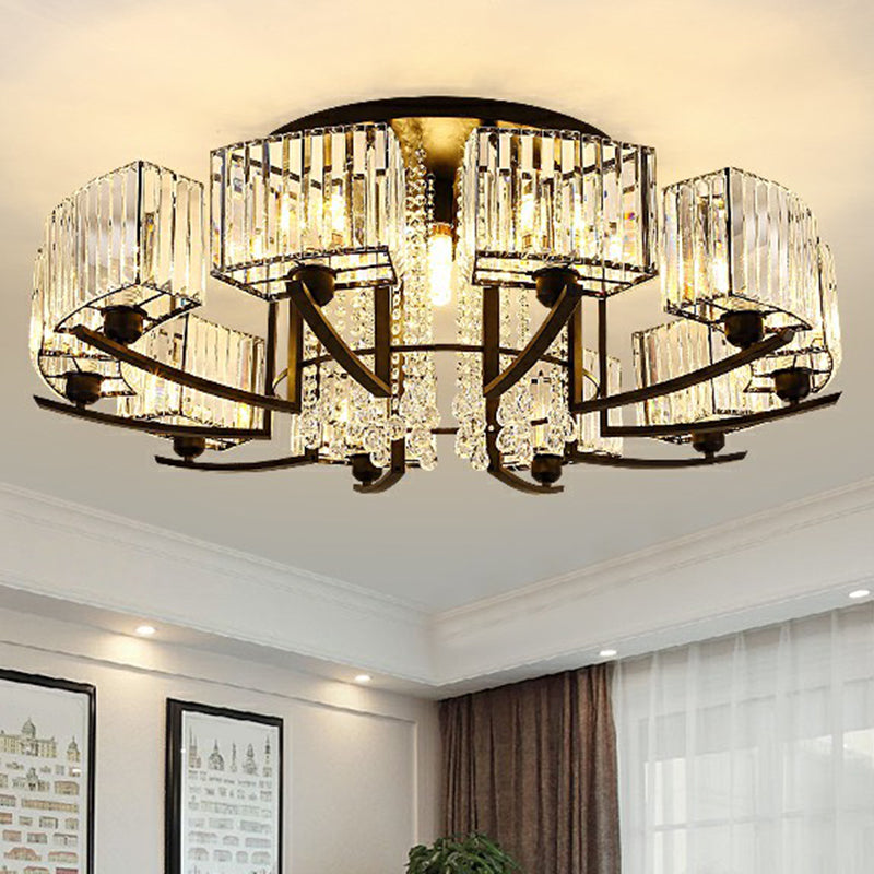 Modern Black Crystal Bedroom Ceiling Light - Rectangle Semi Flush Mount Lamp