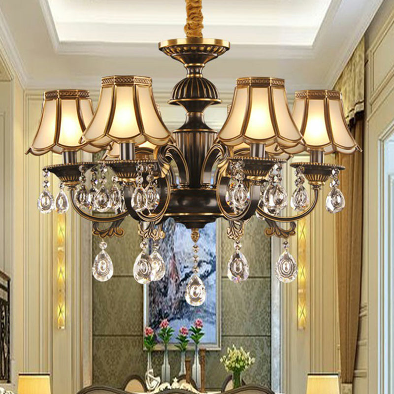 Scalloped Black and Brass Pendant Light with Crystal Deco - Traditional Dining Room Chandelier