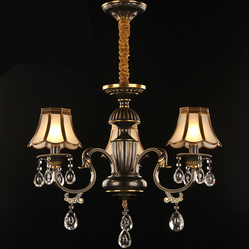 Scalloped Glass Dining Room Chandelier - Black & Brass Pendant Light With Crystal Deco 3 /