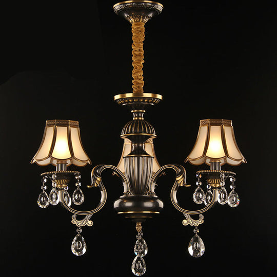 Scalloped Glass Dining Room Chandelier - Black & Brass Pendant Light With Crystal Deco 3 /