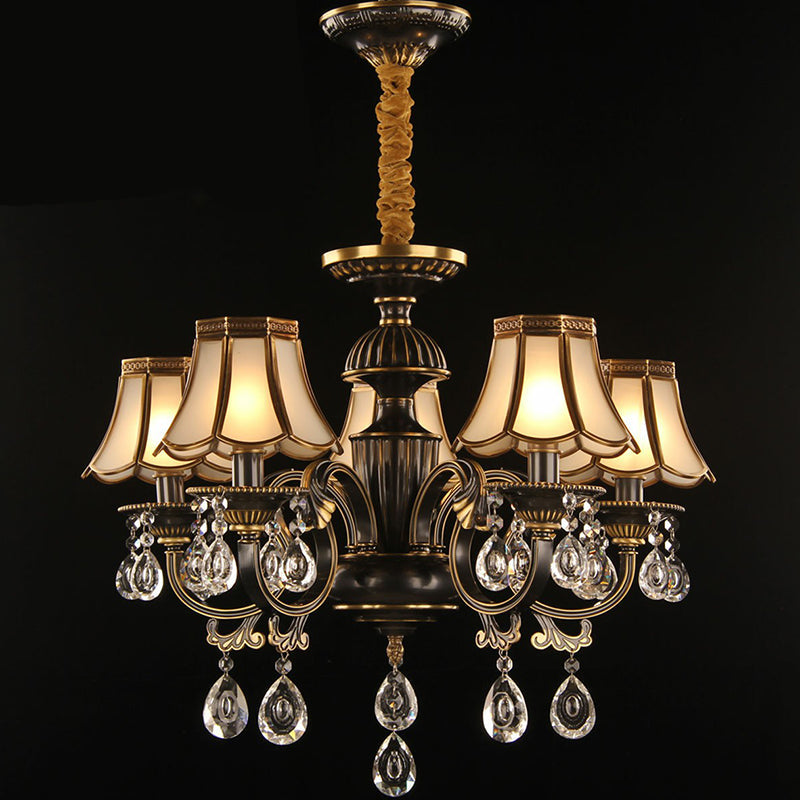 Scalloped Glass Dining Room Chandelier - Black & Brass Pendant Light With Crystal Deco 5 /