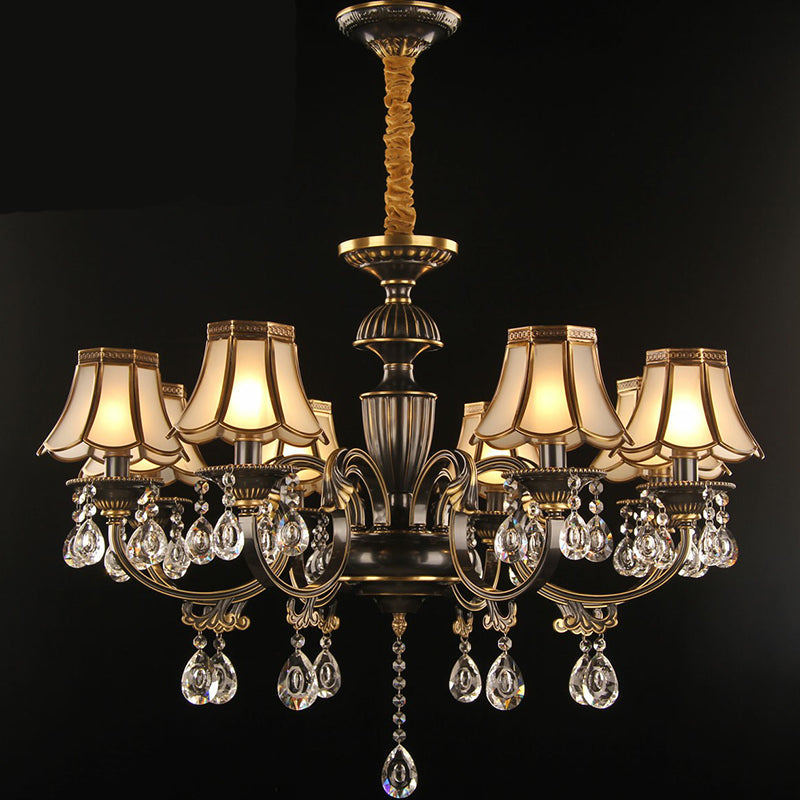 Scalloped Glass Dining Room Chandelier - Black & Brass Pendant Light With Crystal Deco 8 /