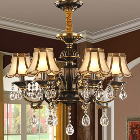 Scalloped Glass Dining Room Chandelier - Black & Brass Pendant Light With Crystal Deco