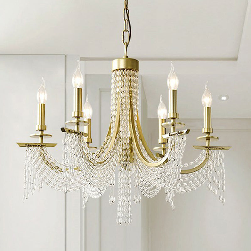 Gold Baroque Candle Chandelier - 6-Bulb Metal Suspension Lighting With Crystal Chain