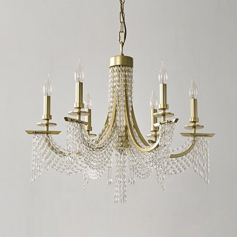 Gold Baroque Candle Chandelier - 6-Bulb Metal Suspension Lighting With Crystal Chain
