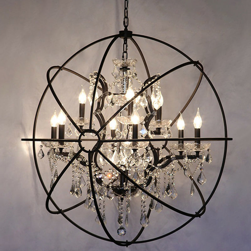 Rustic Black Metal Chandelier With Crystal Decorations - Elegant Hanging Light