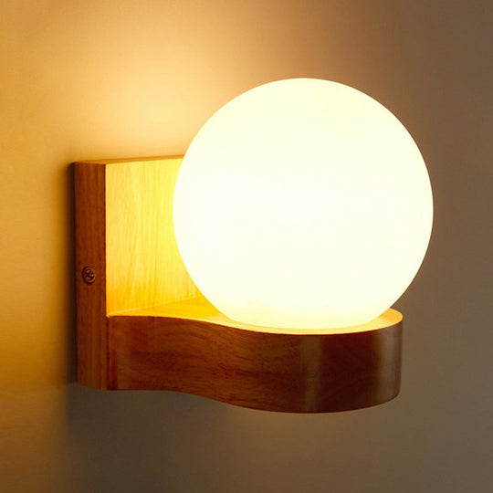 Opal Glass 1-Light Nordic Wall Sconce - Ball Shape Wood Fixture