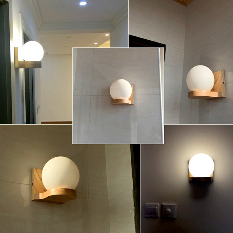 Opal Glass 1-Light Nordic Wall Sconce - Ball Shape Wood Fixture