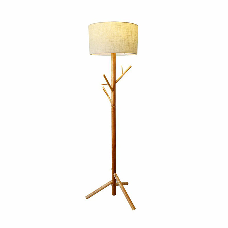 Minimalist Flaxen Drum Stand Up Lamp - Wooden Tripod 1-Light Fabric Floor Light With Coat Rack